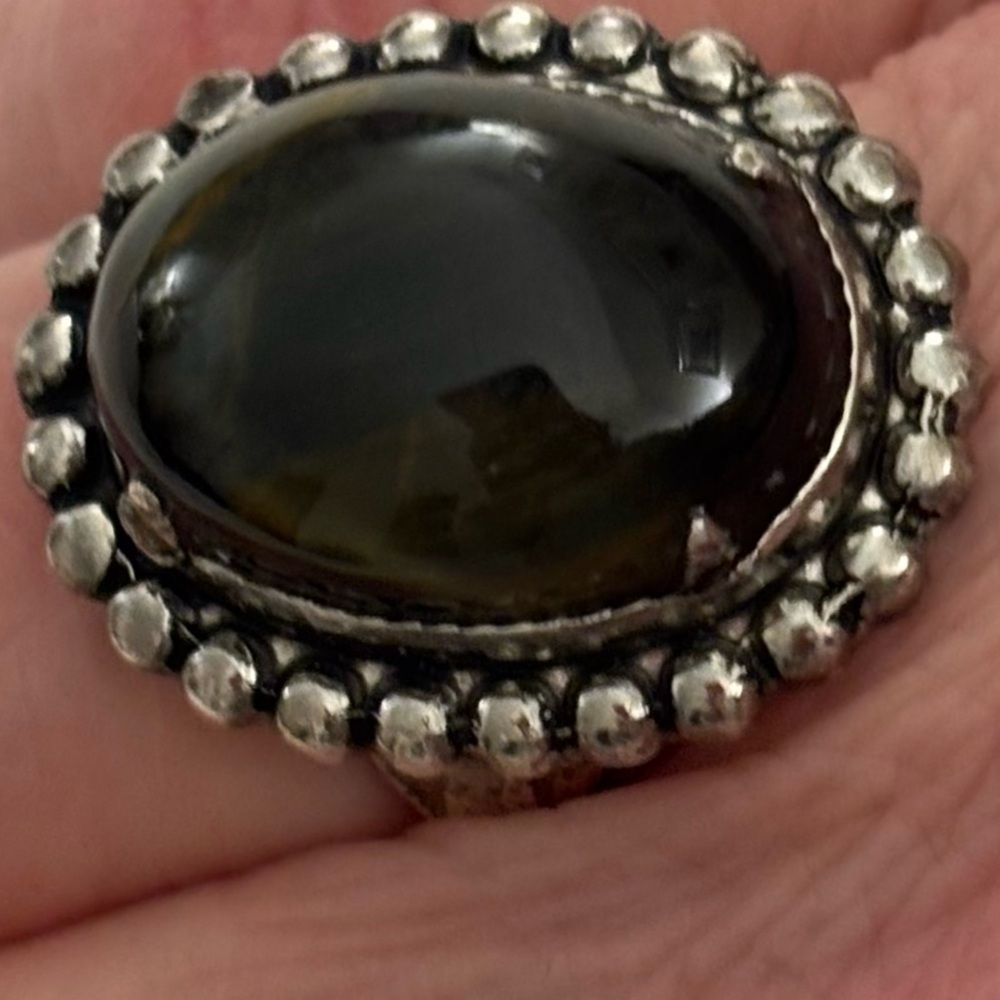 Vintage Ring Black Green Brown Tiger Eye or Labradorite Sterling Silver Size 8 - Picture 4 of 13